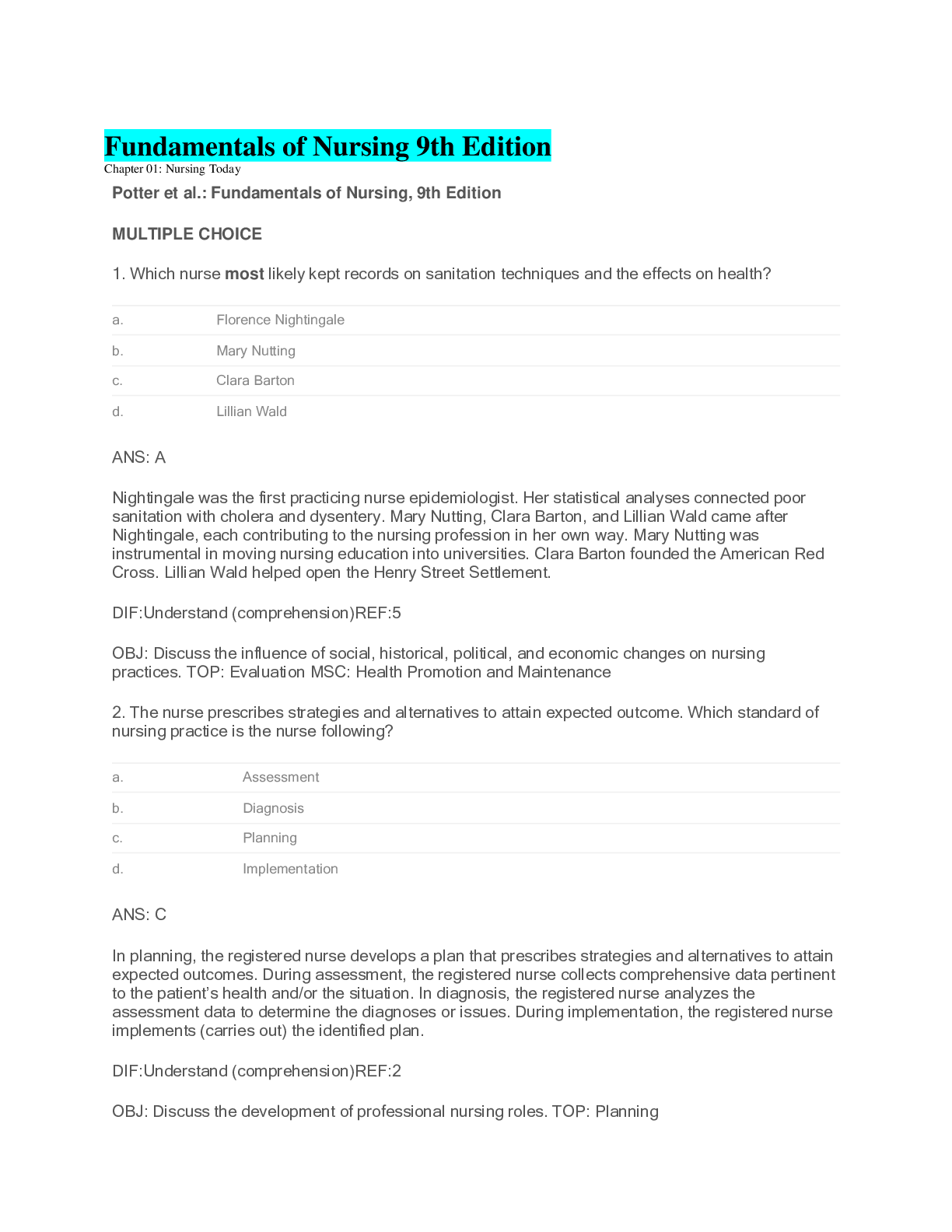 Preview image for Test Bank for Fundamentals of Nursing 9th Edition - Potter Perry